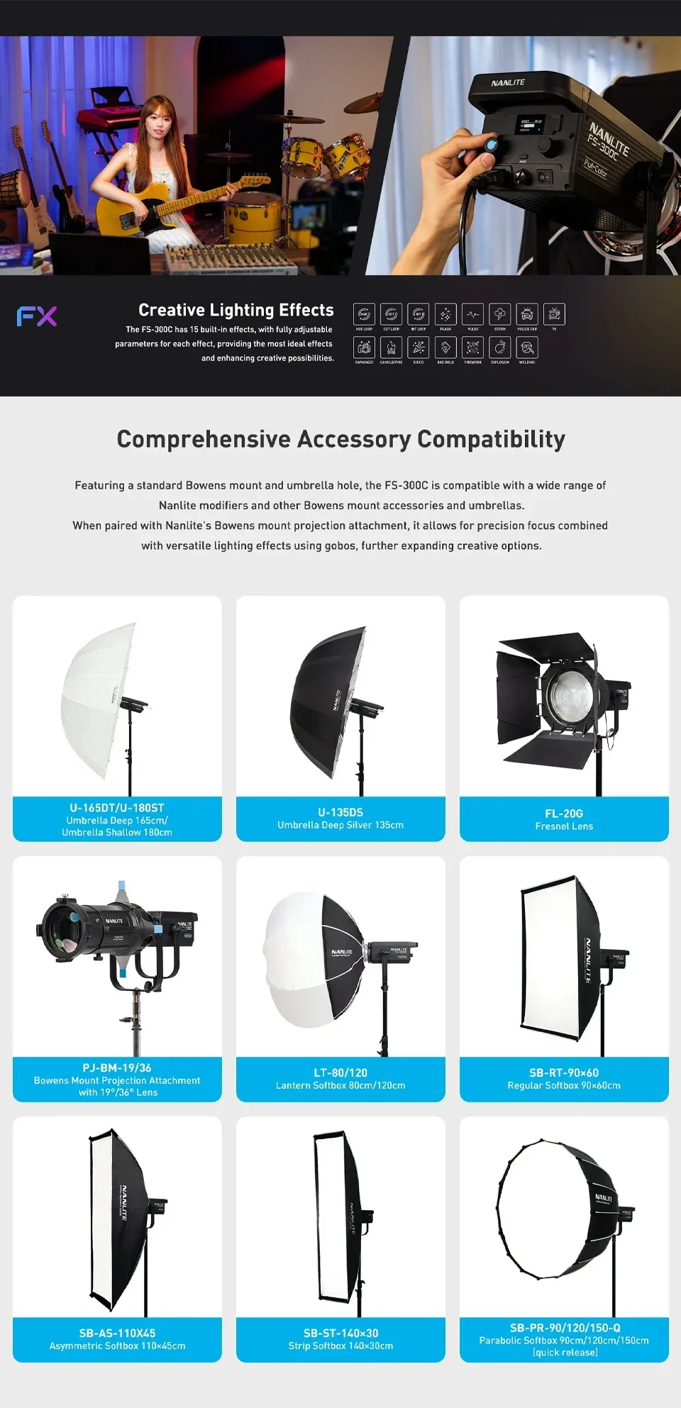 Nanlite FS-300C RGB Continuous Video Light 2700K-7500K LED Photography Lighting