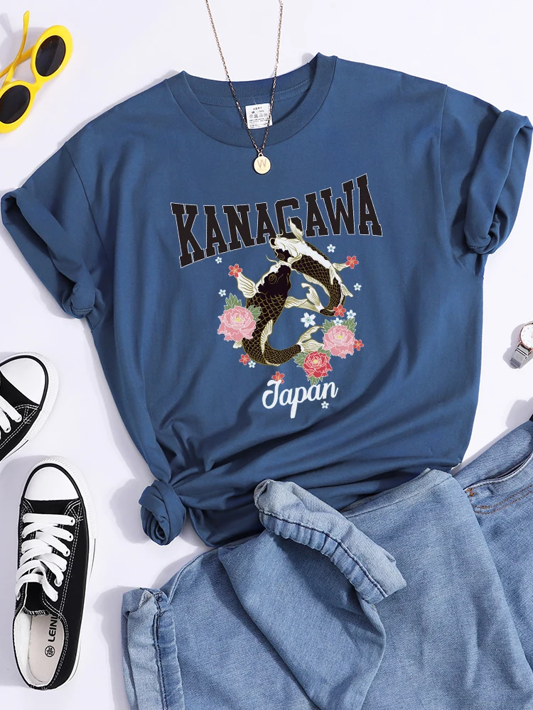 

Футболка Kanagawa женская с принтом карпа и пиона, Модный летний топ с круглым вырезом, дышащая майка, в японском стиле