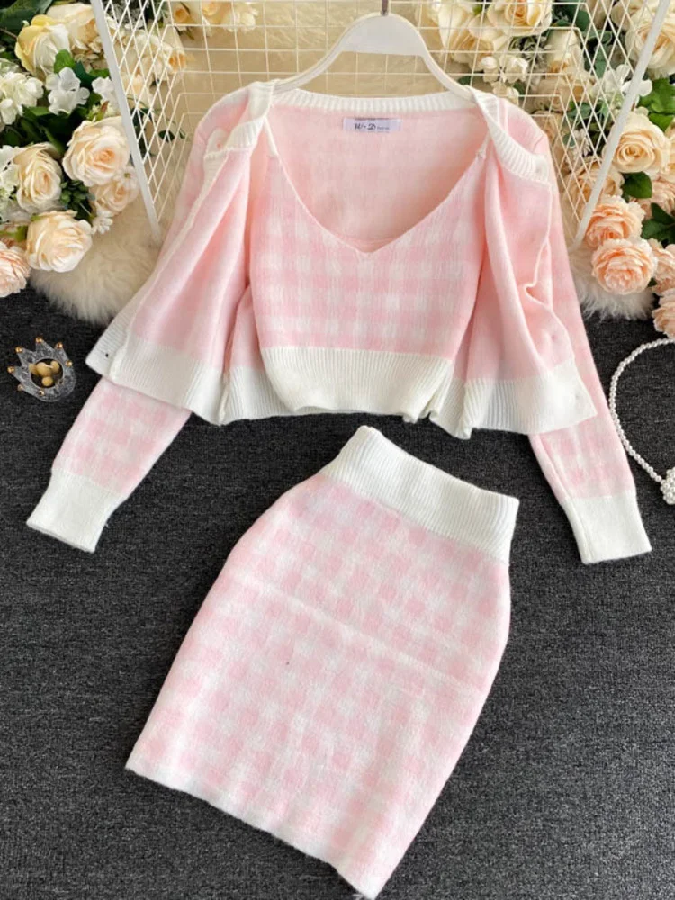 

Korean Sweet Knit Plaid Cardigans + Camisole + Skirts 3pcs Sets Girls Short Sweater Coat + Vest + Mini Skirt Suits Women Outfits