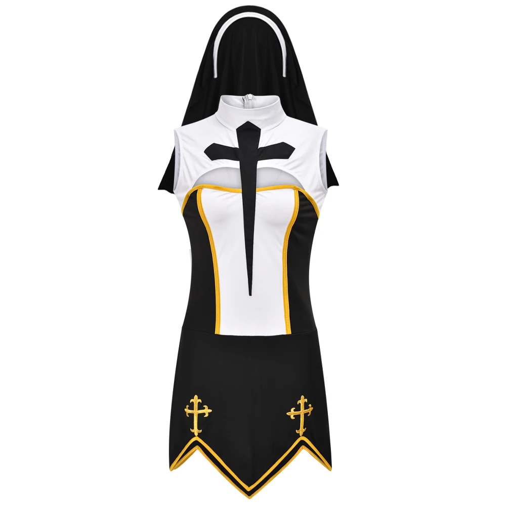 Purim Halloween Costume for Women Sexy Nun Costumes Church Religious Convent Sister Cosplay Dress With Headpiece Socks Gloves