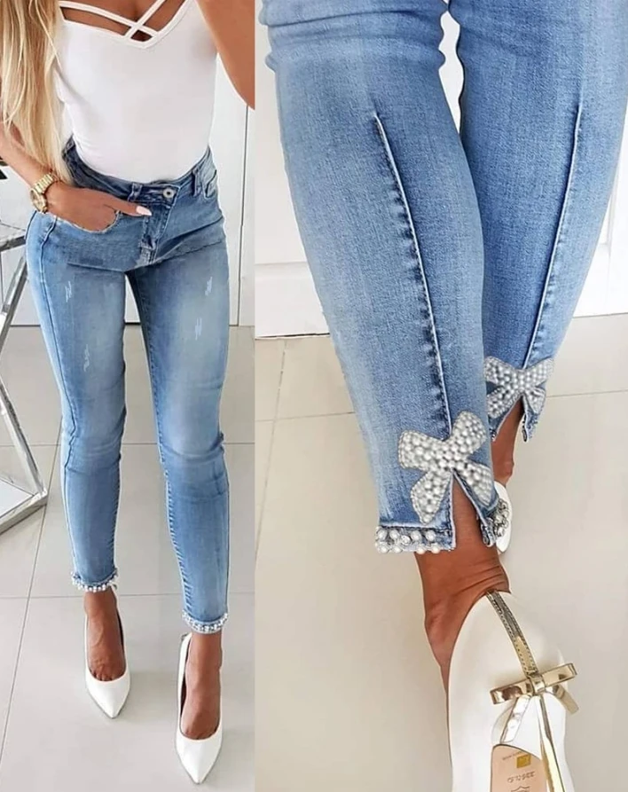 

Female New Fashion Beaded Slit Bowknot Decor Skinny Jeans Temperament Commuting Summer New Women's Casual High Waist Denim Pants