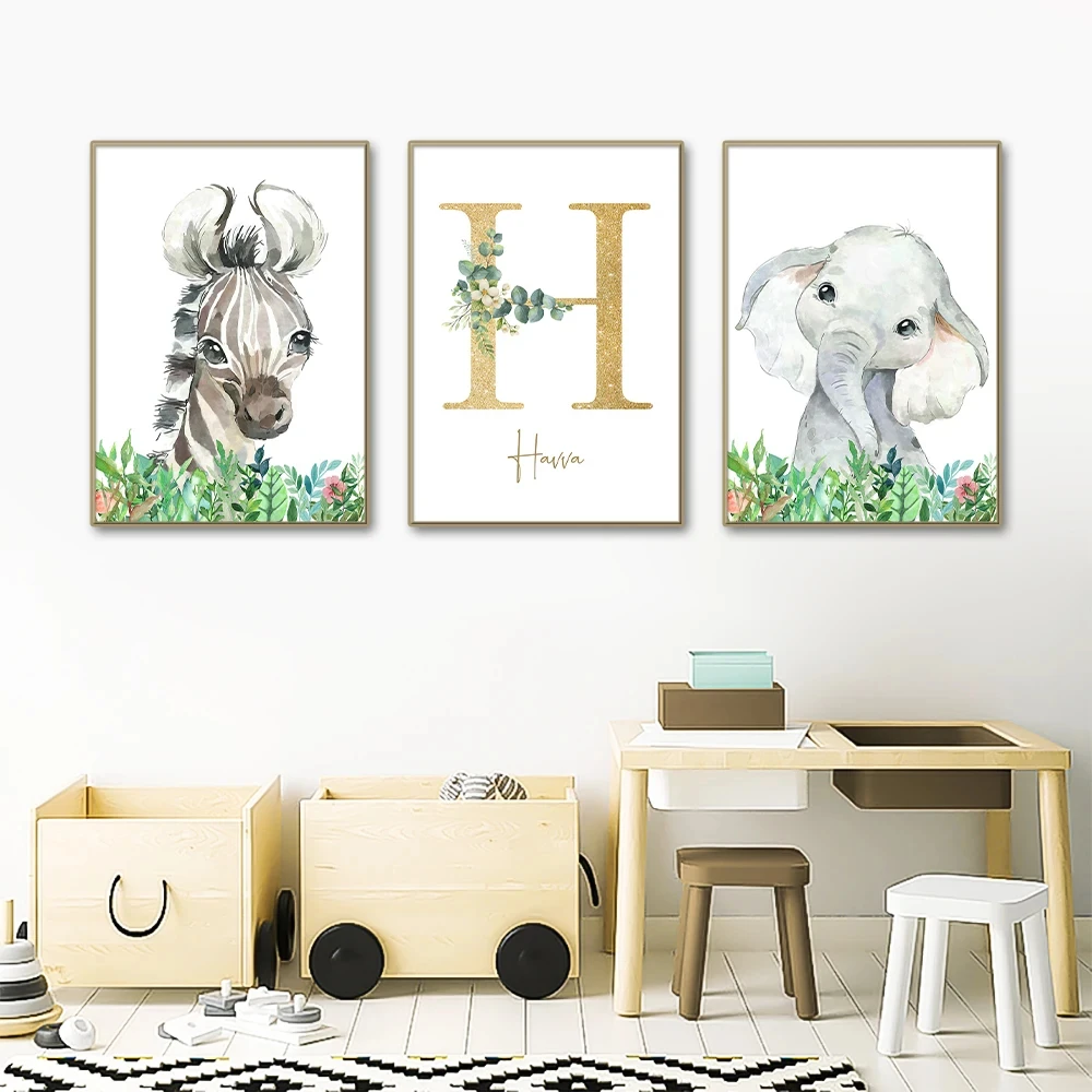 

Customized Children's Name Poster Kindergarten Picture Printing Jungle Animal Canvas Painting Baby Kid Room Wall Art Decoration
