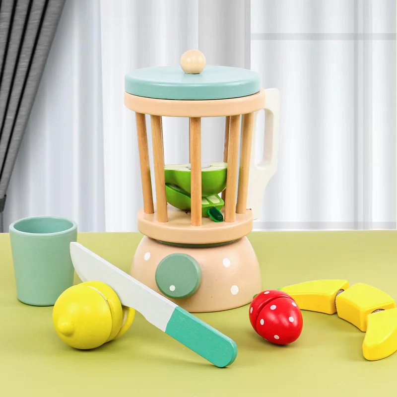 

Wooden Smoothie Maker toy - Includes wood Blender, cup, Fruits and knife,Wooden Toy Mixer Food Play Kitchen 13 pcs Accessories