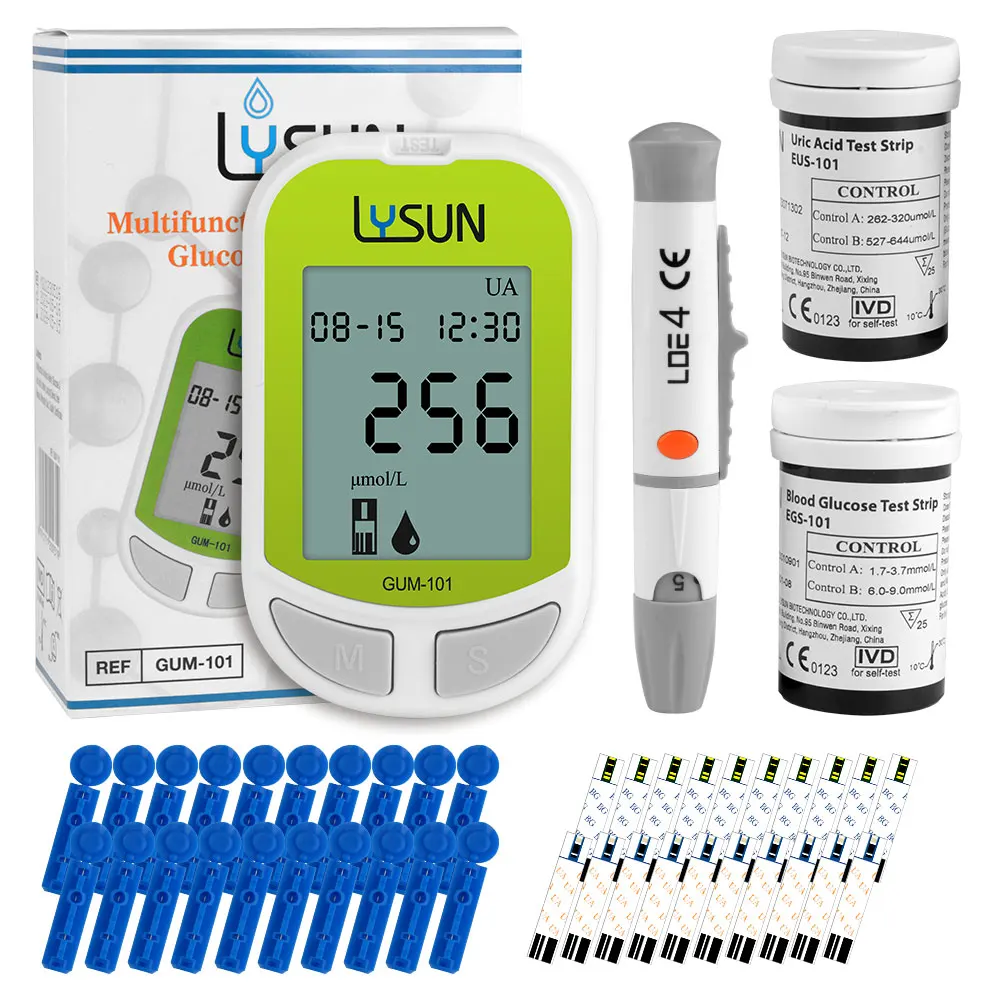 2 in 1 Blood Glucose Monitor Kit with 25 Glucose and 25 Uric Acid Test Strips 50 Lancets Travel Case for Diabetes Testing
