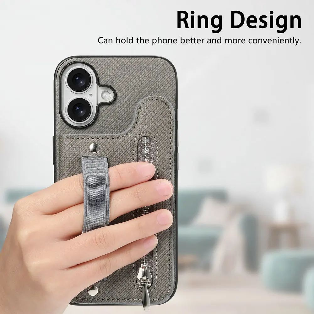 Luxury RFID Leather Flip Case with Zipper Card Holder and Elastic Strap