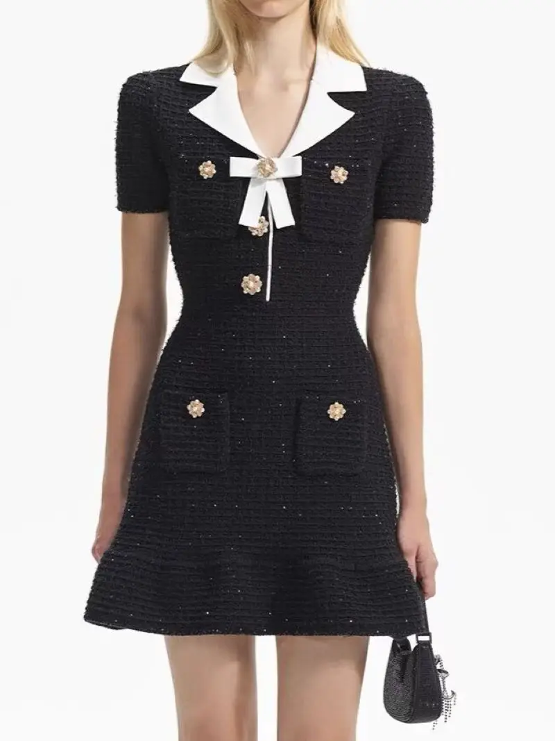 

Women Bowknot Notched Short Sleeve Diamond Buttons Elegant Mini Dress