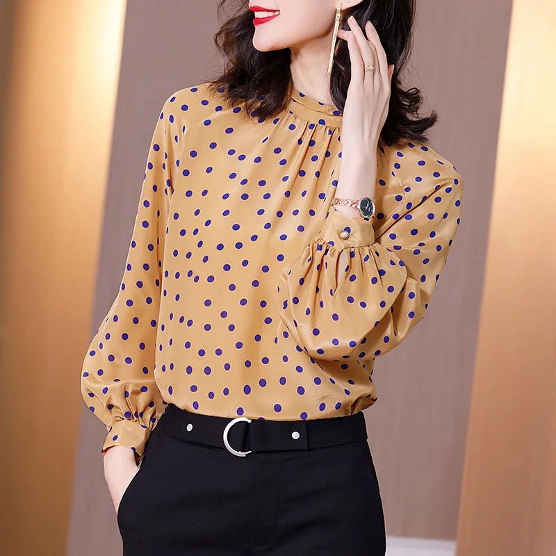 

Women's Blouses Tops Silk Floral Printed Office Formal Casual Shirts Plus Large Size Spring Summer Sexy Femme Yellow Polka Dot