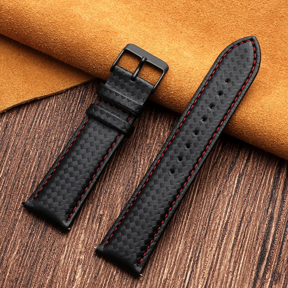 Carbon Fiber Leather Watch Band with Quick Release - Premium 20mm/22mm Strap