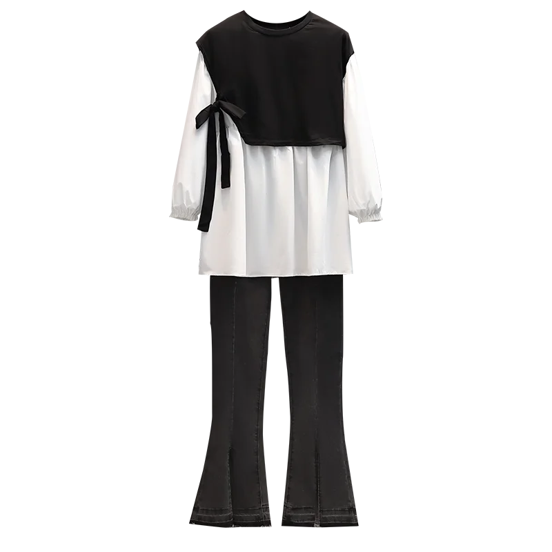 

Casual Two-piece Set For Women 2023 O Neck Patchwork Tops And Split Jeans Large Size 4XL Female Autumn Winter Black Sport Suits