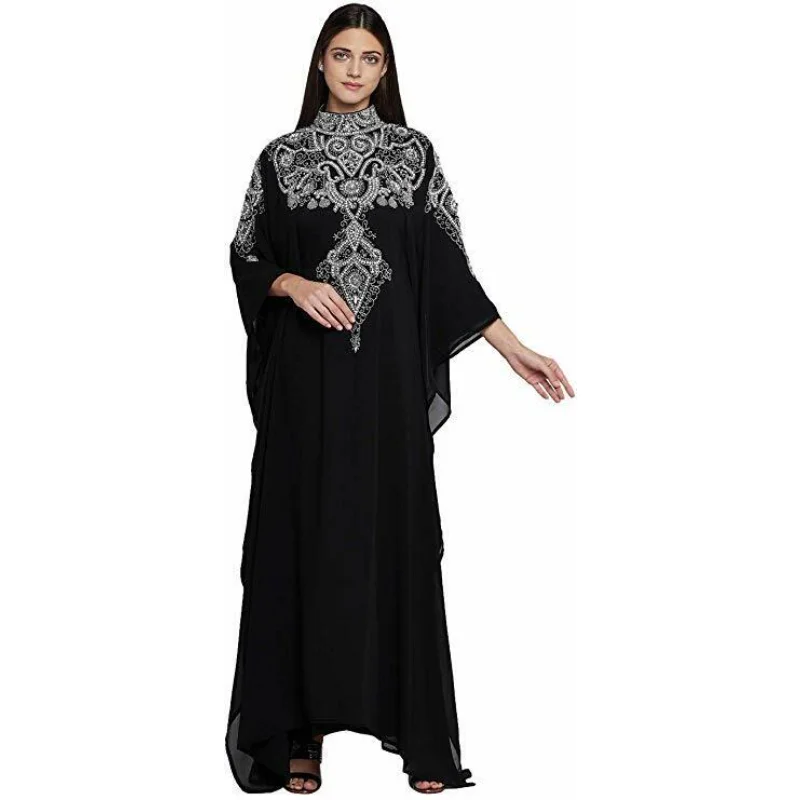 Black Kaftan Abaya Hijab Long Sleeved Zari Work Embroidery Islamic Long Dress Fashion Trend In Europe and America