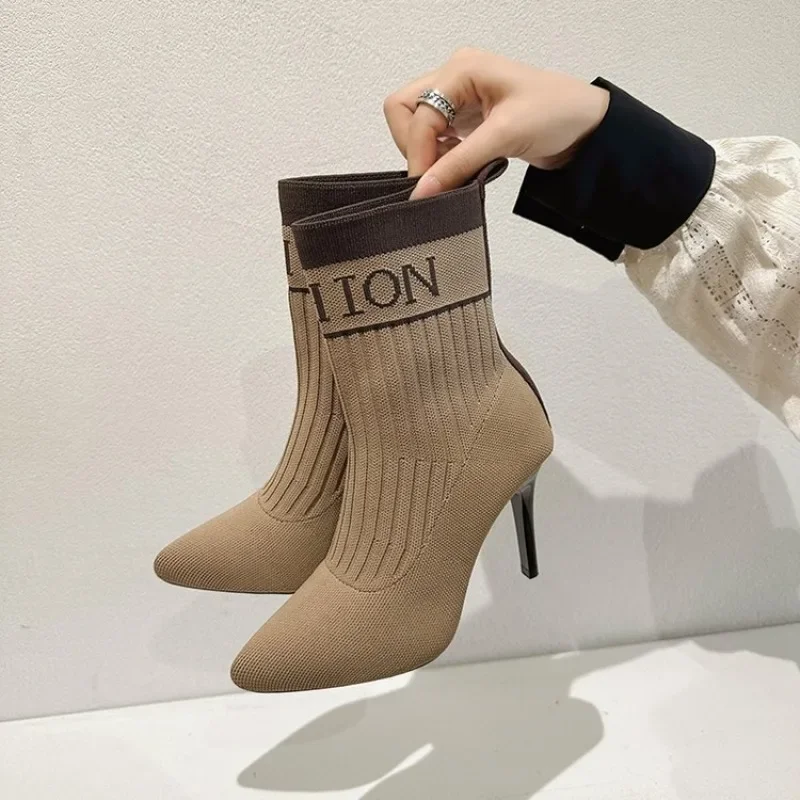 

Ботильоны женские на высоком каблуке, удобные пикантные, без застежки, вязаные короткие сапоги, осень