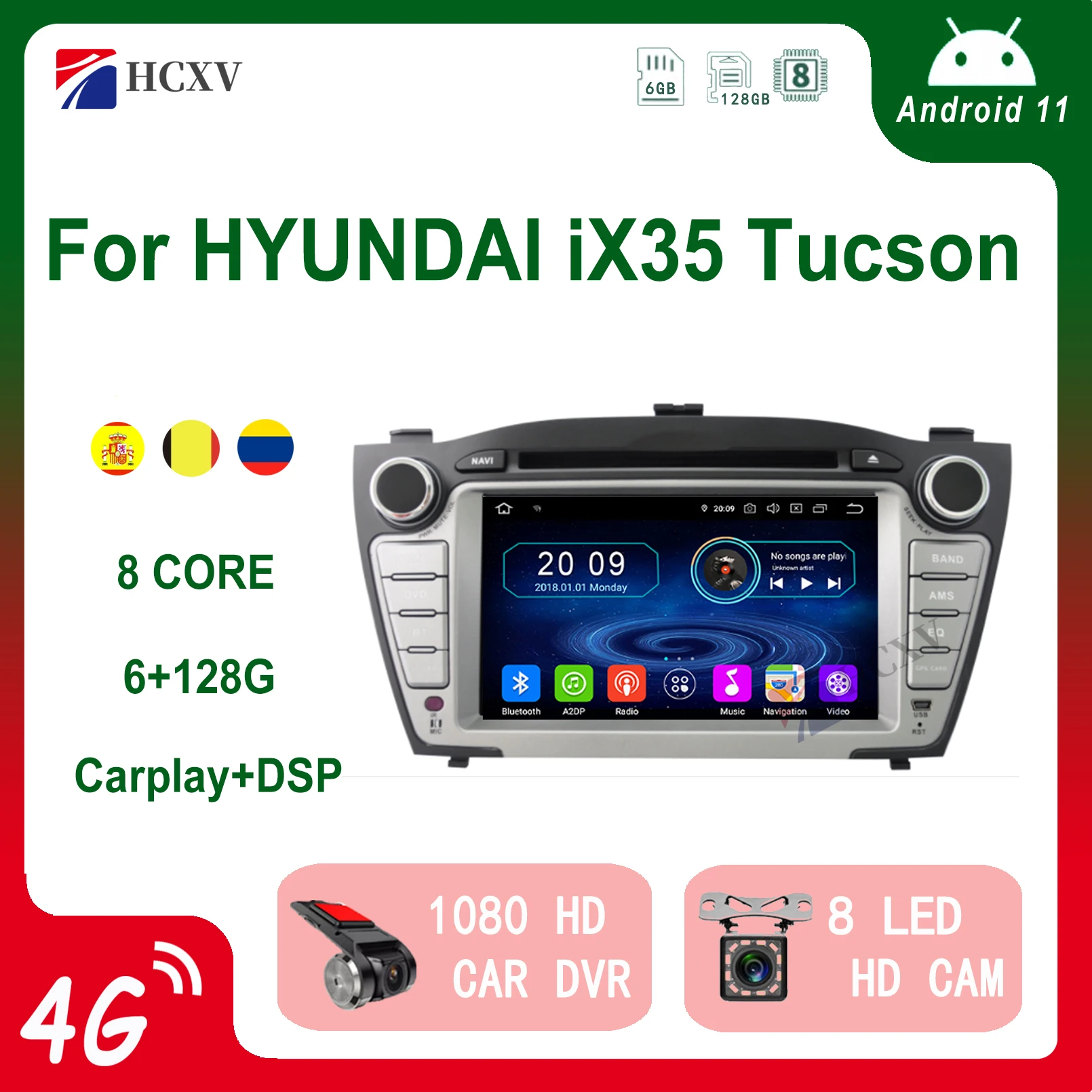 Hcxv Android Autoradio Stereo Per Hyundai Ix35 Tucson 8 ''Stereo Car Navigation Sistema Multimediale Lettore Dvd Audio Gps Autoradio