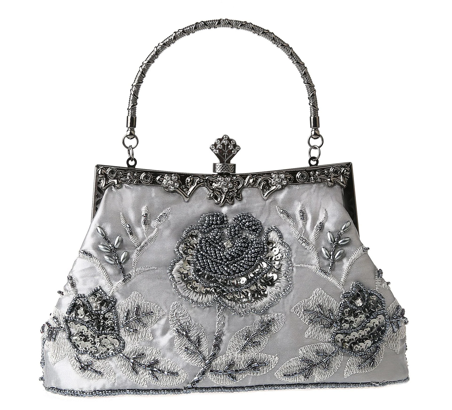 Luxy Moon Silver Vintage Embroidered Clutch Front View