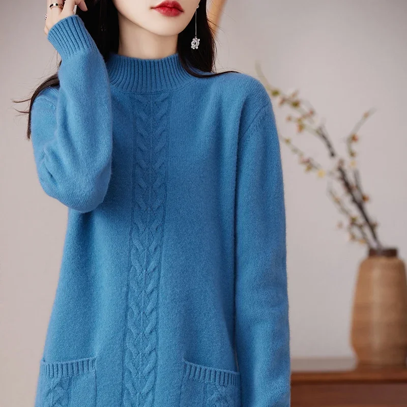 

Half Turtleneck 100% Pure Wool Knitted Dress Women's New Autumn Design Sense Sweater Dress Loose Cashmere Skirt
