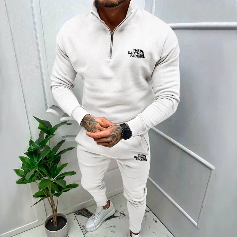 Autumn and Winter New Men's Casual Set Solid Color Versatile Outdoor Thickened V-neck Long Sleeve Pants Men's Two Piece Set