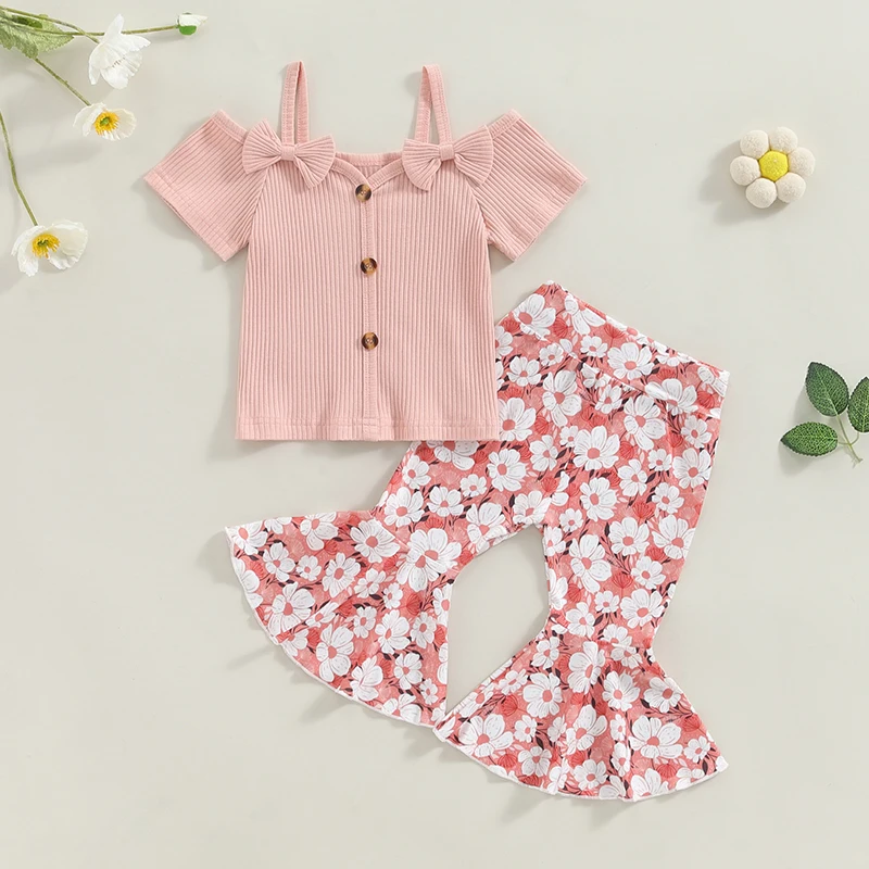 

2024-05-05 Lioraitiin 1-5Y Kids Girls Pants Set, Short Sleeve T-shirt with Flower Print Flare Pants Summer Outfit