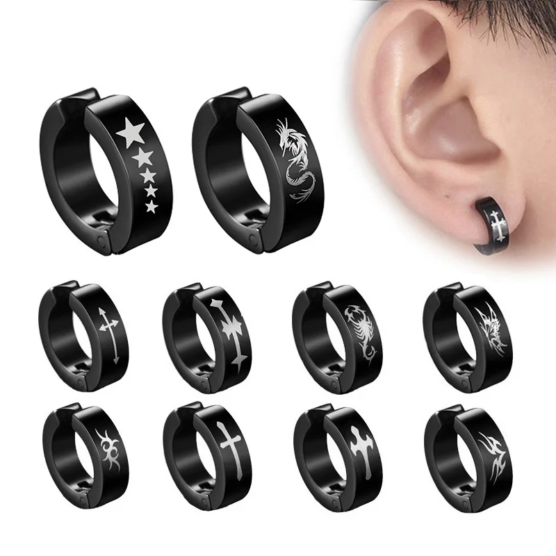Ear Clip Earrings 2pieces Punk Titanium Steel For Men Women Print Pattern No Pierced