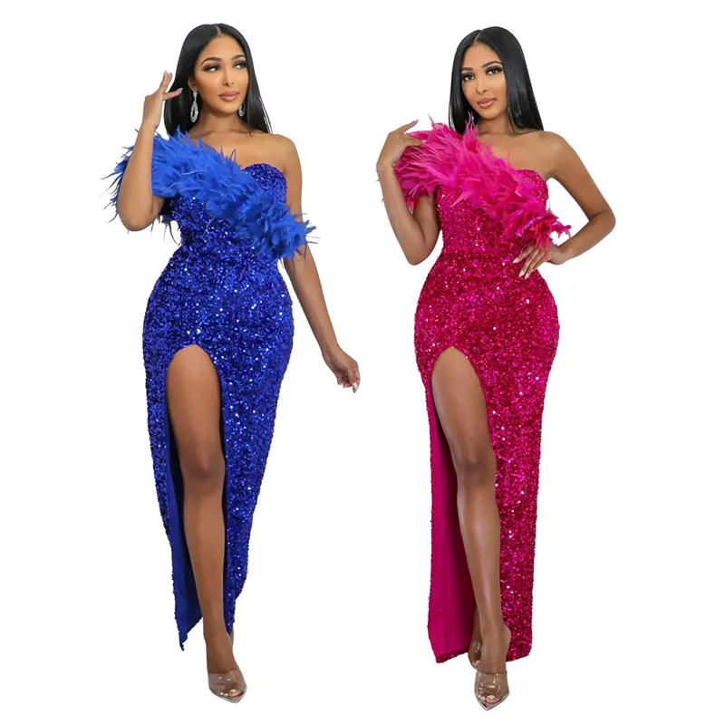 

Glitter Blingbling Sequins High Split Long Dress Feather One Shoulder Sexy Club Pencil Dress New Fashion Blue Fuchsia Slit Skirt