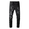Black High Street Holes Transparent Crystals Patchwork Stretch Slim Fit Rhinestones Patches Distressed Ripped Jeans Men 1