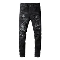 Black High Street Holes Transparent Crystals Patchwork Stretch Slim Fit Rhinestones Patches Distressed Ripped Jeans Men 1