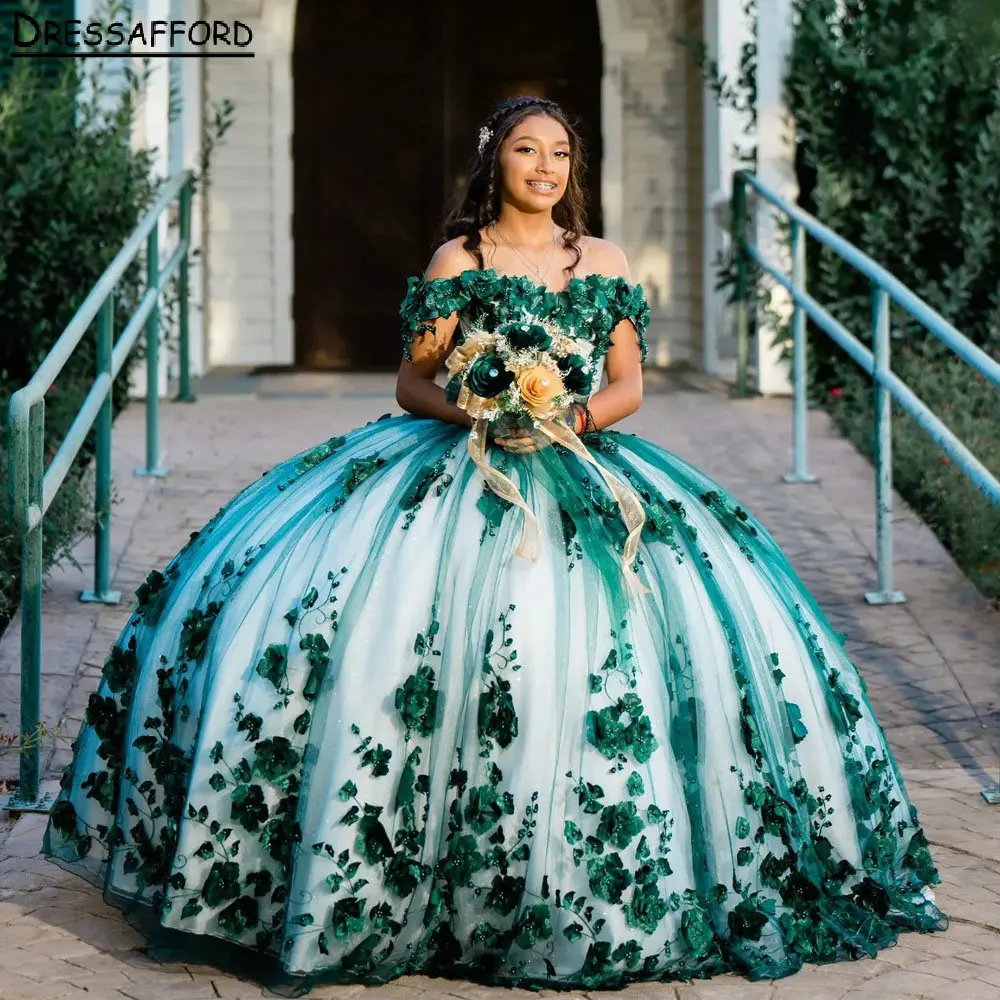 

Emerald Green 3D Flowers Corset Quinceanera Dress Ball Gown Sleeveless Pearls Graduation 7th Vestido De XV Anos