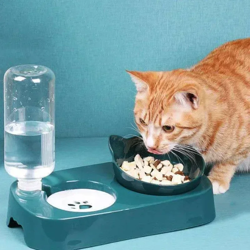 Tilted Cat Bowl Set - 3-in-1 Water Feeder with Gravity Bottle and Ear Design