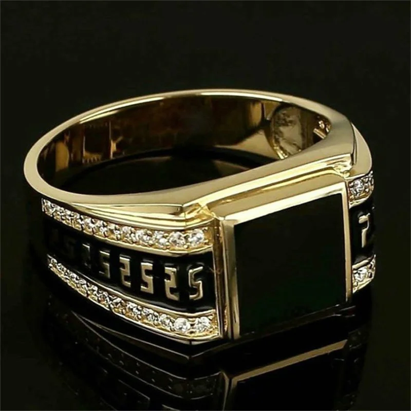 Delicate Elegant Gold Color Square Geometry Rings for Men Trendy Metal Inlaid Black White Stone Wedding Engagement Jewelry