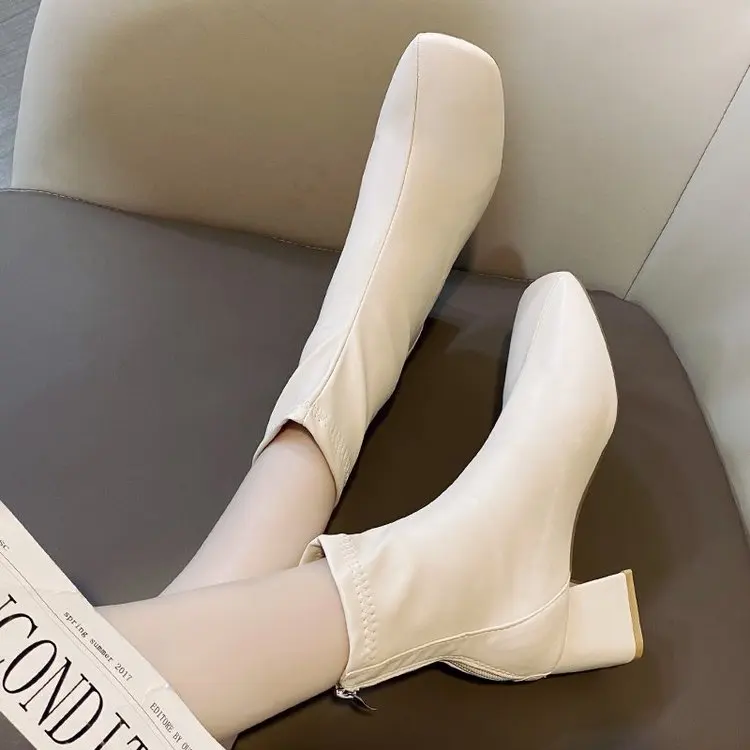 Ladies Bla High Heel Chunky ort Boots Spring Autumn Briti Sle Square Head  Boots Faionable Waterproof PU Leather