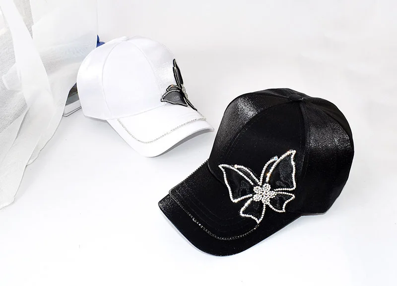 Fashion Butterfly Rhinestone Baseball Cap Women Summer Silk Satin Visor Sun Hat Leisure Adjustable Lady Snapback Cap