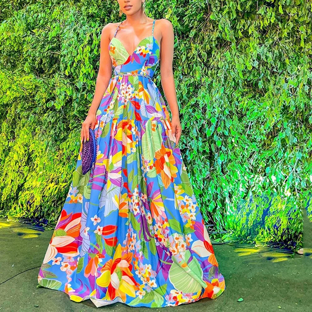 Color Flower Print Spaghetti Strap Evening Dresses Women Temperament Sexy V-neck Backless Beach Vacation Party Long Dress Female