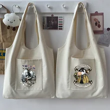 

Trendy Japanese Style Female Bag Tote Bag Large Capacity Shoulder Bag Samurai Pattern Printing Casual Reusable Beige Shopping