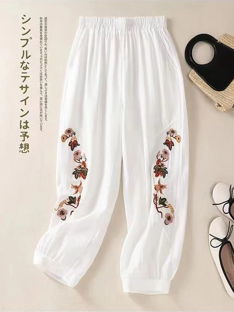 Vintage Literary Women Flower Embroidered Lantern Pants 2024 New Autumn Casual Loose Cotton Harem Pants for Women Bloomers