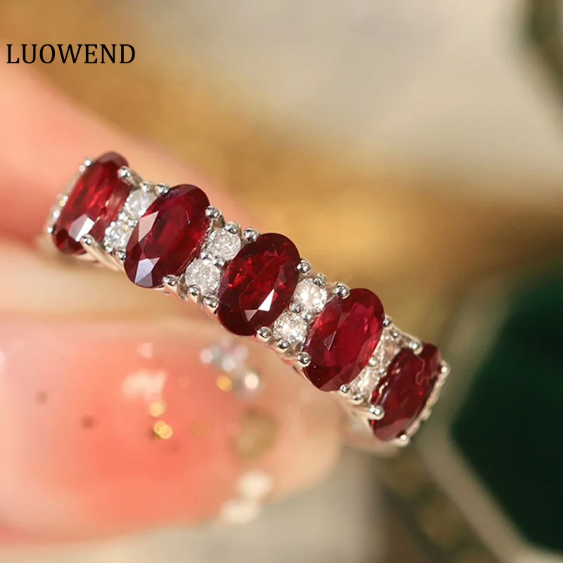 LUOWEND 100% 18K White Gold Rings Luxury Natural Ruby Ring Classic Diamond Wedding Band for Women Engagement Party High Jewelry 6 colors square cardboard jewelry earrings ring boxes with black sponge for diy jewelry party gift nail packaging 5x5x3 4cm