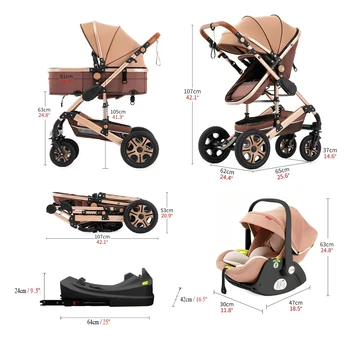 3 in 1 Baby Stroller,Baby Travel System,Baby Carriage 3in1 with Isofix Base,Foldable Newborn Pram,Reversible Standard Stroller 5
