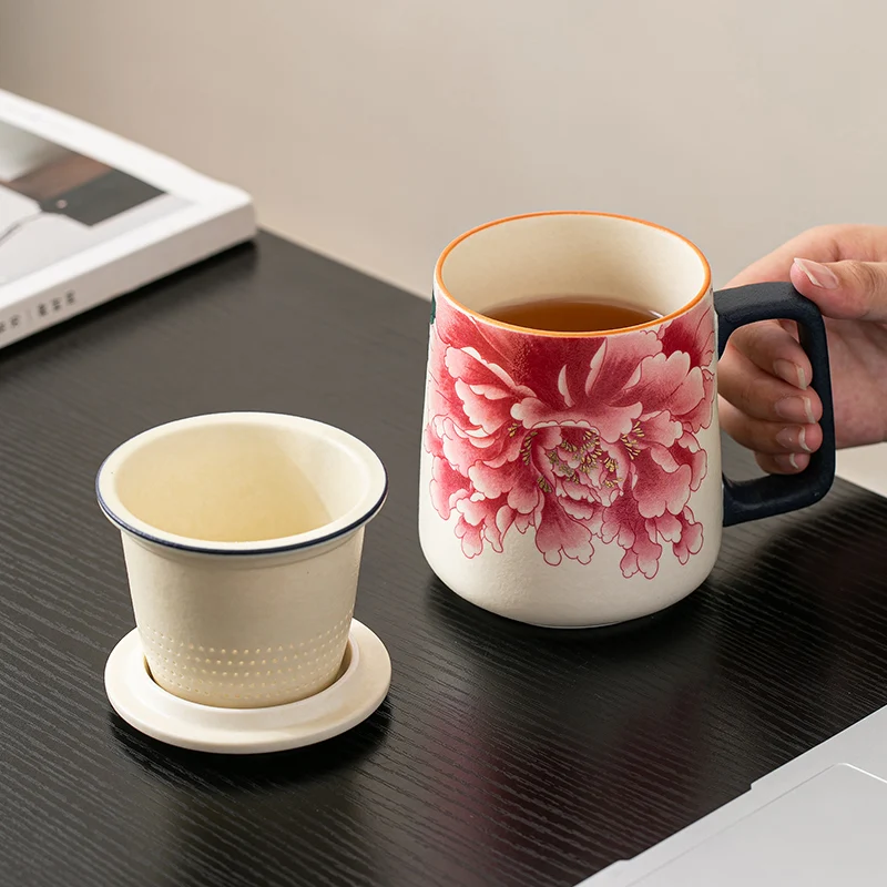 Chinese Style Ceramic Cartoon Floral Pattern Mug, Personal Creative Teacup, With Cover Filtered Tea Water Separation, 400ml, 1Pc