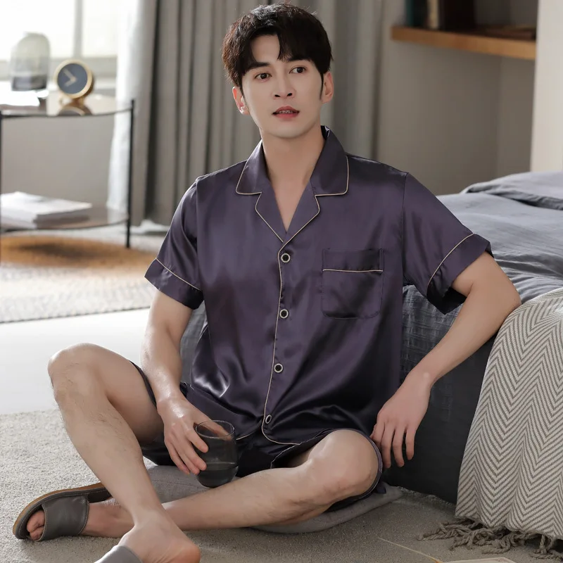 Summer Men's Thin Imitation Silk Pajamas Short Sleeve Cardigan Shorts Oversized Loose Casual Comfortable Home Clothing Set