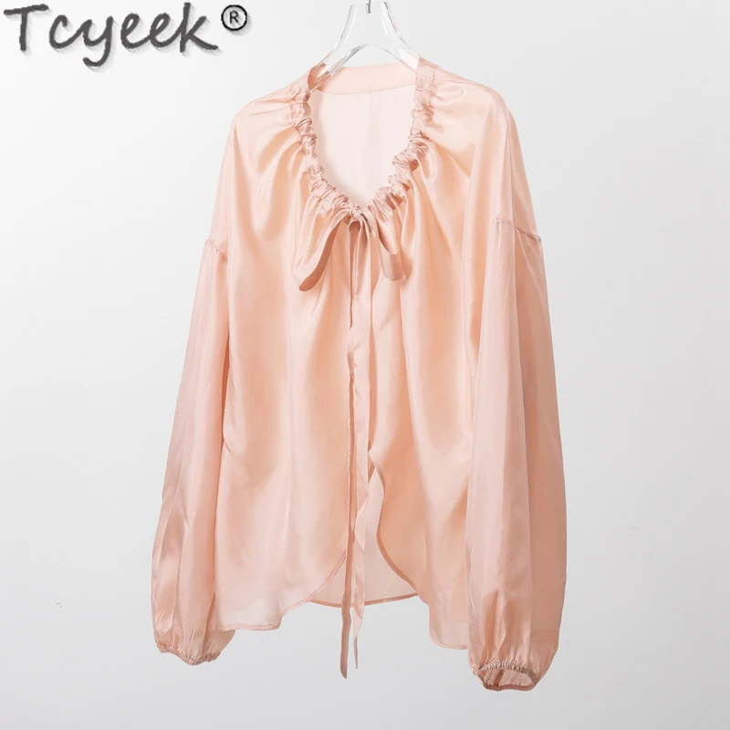 

Tcyeek 100% Real Mulberry Silk Top Women 2024 Lace-up Summer Sunscreen Clothing Thin Style Shawl Coat Pink Womens Tops Cardigan