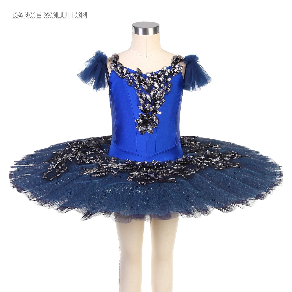 

Royal Blue Spandex Bodice Ballet Pancake Tutu with Black Sequin Appliques Women and Girls Ballerina Performance Dancewear BLL523