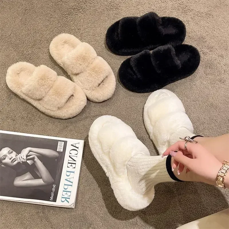 Winter Fluffy Slippers Women 2024 New House Home Fur Slippers For Women Flat Platform Cozy Fuzzy Indoor Shoes Korean Slides — view 6
