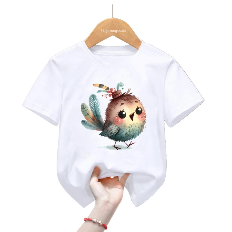 

2024 Hot Sale Cute Watercolor Bird Print T Shirt Girls/Boys Harajuku Kawaii Kids Clothes Summer Tops Fashion T-Shirt Streetwear