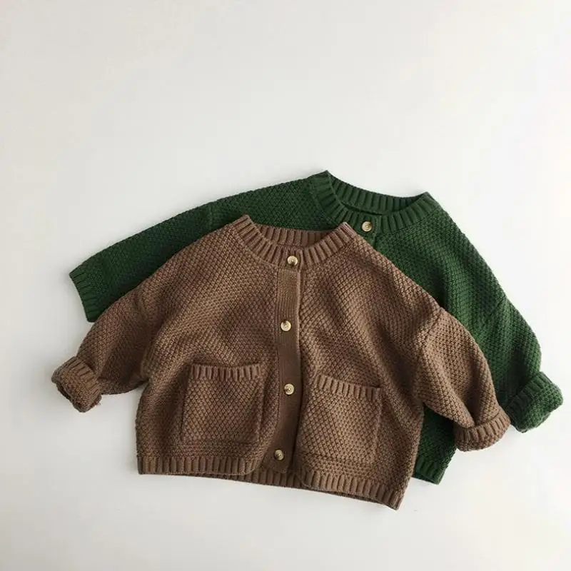 

2023 Autumn New Baby Knit Cardigan Coat Solid Kids Ribbed Sweater Thick Children Knitted Warm Jacket Casual Boys Girls Clothes