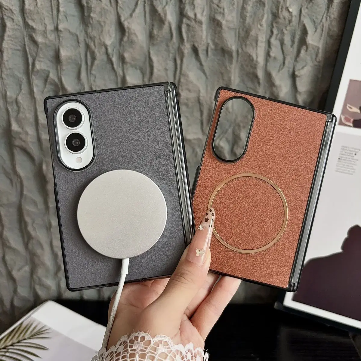 Luxury PU Leather Magnetic Armor Case with Hinge Protection