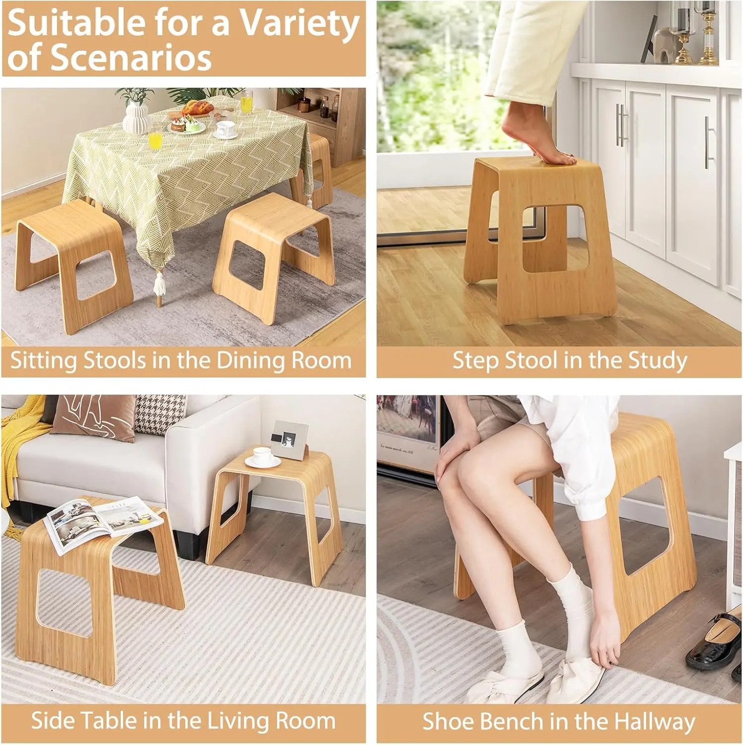 Stackable Bamboo Stools Set of 4, Leisure Seat Stools with Anti-Slip Foot Pads, Heavy Duty Home Shoe Changing Stool 4