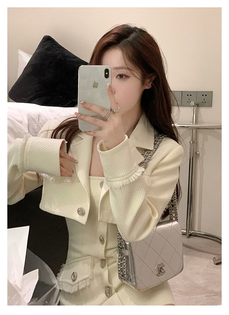 Elegant Autumn New Tweed Two-piece Set Women Long Sleeve Short Jacket Strapless Bodycon Mini Dress Korean Fashion Luxury Outfits