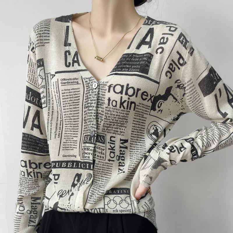 

Women's Spring Knitted Cardigan Korean Fine Imitation Wool V-Neck Letter Street Style Knitted Shirt Thin Top Jacket Sweater