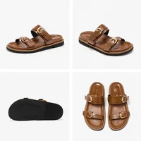 BEAUTODAY Casual Slippers Women Genuine Leather Solid Double Strap Summer Beach Ladies Brown Footwears Handmade 34085 - Image 6