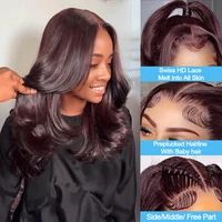 Perruque sans colle pré-coupée bordeaux foncé 9x6, prête à porter, en cheveux humains, colorée, coupe dégradée, ondulée, densité 250 2