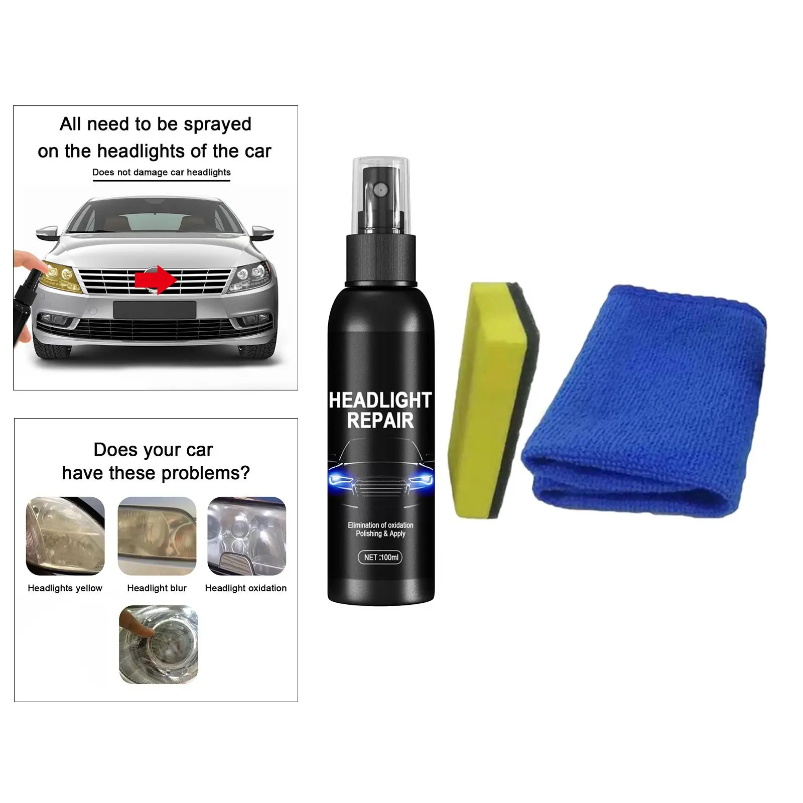 

Car Headlight Restoration Kit, Slight Scratch Increase Glossy Oxidation Yellowing Headlamp Repair Fluid Lens Restorer Cleaner