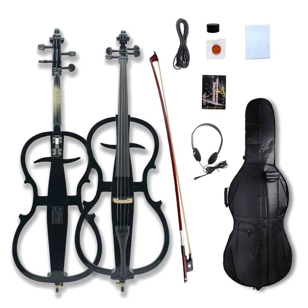 New Electric Cello 4/4 Full Size Solid Wood Ebony Fittings Case Bow Silent nice Unbleached Genuine Mongolian Horsehair