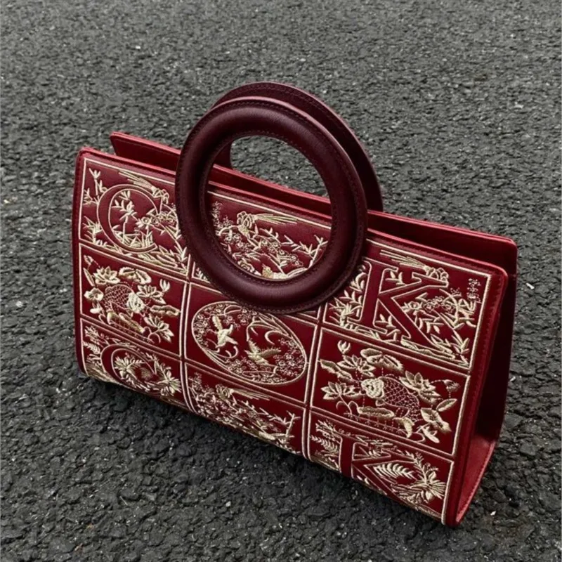 JIAERDI Retro Red Embroidery Tote Bag Women Leather Large Capacity Shoulder Bag Ladies Elegant Premium Luxury Design Handbag New